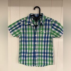 Tommy Hilfiger Green, Blue & White Plaid Short-Sleeve Button-Up Shirt cotton